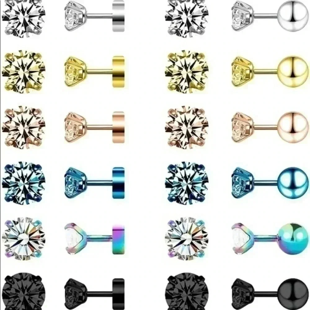 Unisex Steel Disc Back & Ball Back CZ Stud Earrings NWT